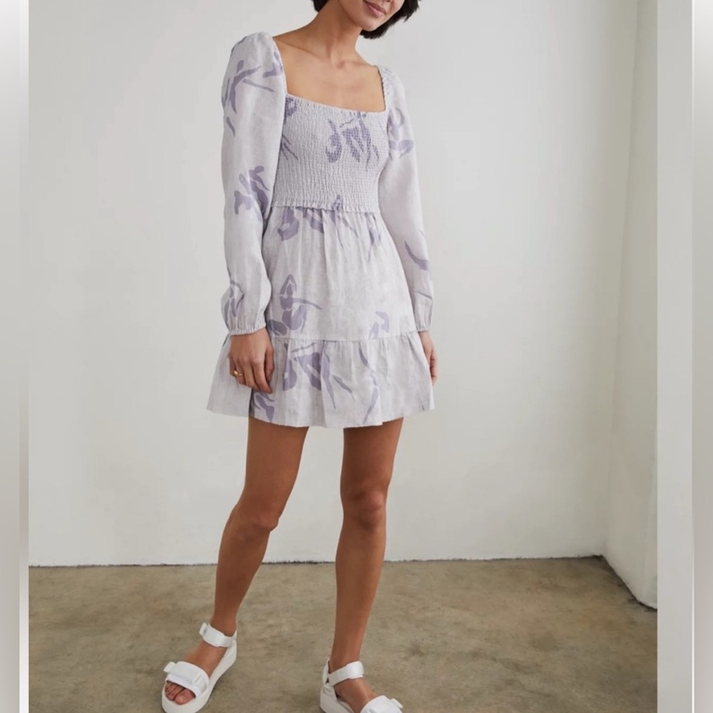 Aritzia Wilfred Tempest linen smocked bodice tiered mini dress